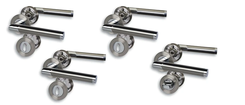 Rosette Door Fittings Set of 4 Chrome/Stainless Steel Coloured Satinised for 3 Room Doors with Deadlock Holes and 1 Bathroom Toilet Door, Screw Rosette Diameter 52 mm, Door Handle, Door Handle