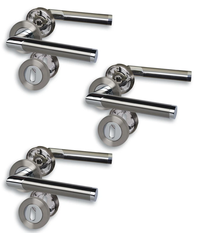 Alpertec Set of 3 Rosette Door Fittings Chrome/Stainless Steel Coloured Satin for 3 Room Doors with Deadlock Hole Screw Rosette Diameter 52 mm Door Handle Door Handle