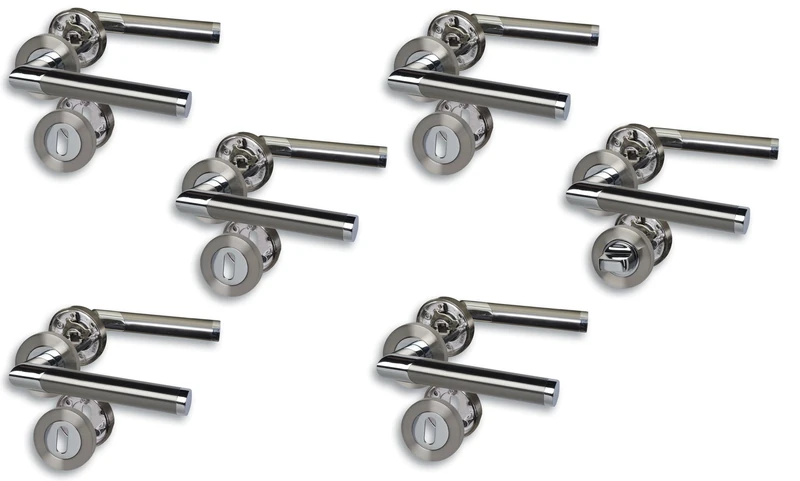 Alpertec Rosette Door Fittings Set of 6 Chrome/Stainless Steel Coloured Satin for 5 Room Doors with Deadlock Holes and 1 Bathroom Toilet Door, Screw Rosette Diameter 52 mm, Door Handle, Door Handle