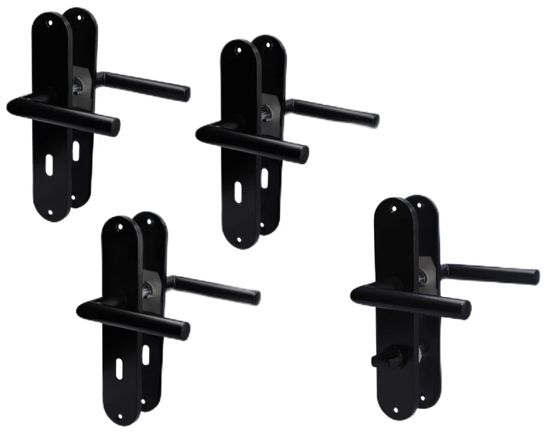 Alpertec Renovation Door Fitting, Long Plate Set of 4, Stainless Steel, Black, for 3 Room Doors with Deadlock Holes and 1 Bathroom Toilet Door, Door Handle, Door Handle
