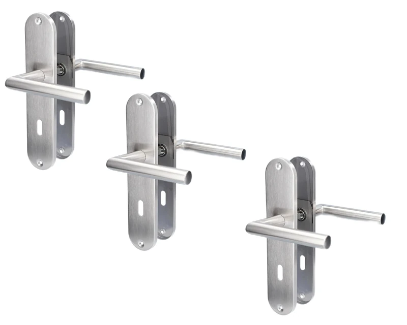 Alpertec Renovation Door Fitting, Long Plate Set of 3, Satin Stainless Steel for 3 Room Doors with Deadlock Holes, Door Handle, Door Handle