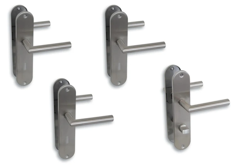 Alpertec Renovation Door Fitting, Long Plate Set of 4, Satin Stainless Steel for 3 Room Doors with Deadlock Holes and 1 Bathroom Toilet Door, Door Handle, Door Handle