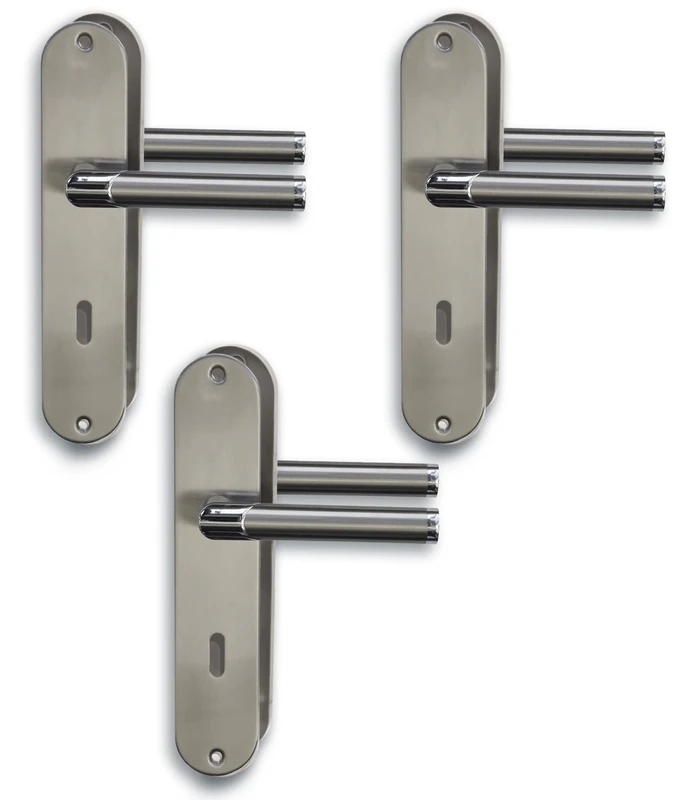 Alpertec Renovation Fittings, Door Fittings, Long Plate Set of 3, Polished Stainless Steel/Satin Gloss Varnished for 3 Room Doors with Deadlock Holes, Door Handle, Door Handle
