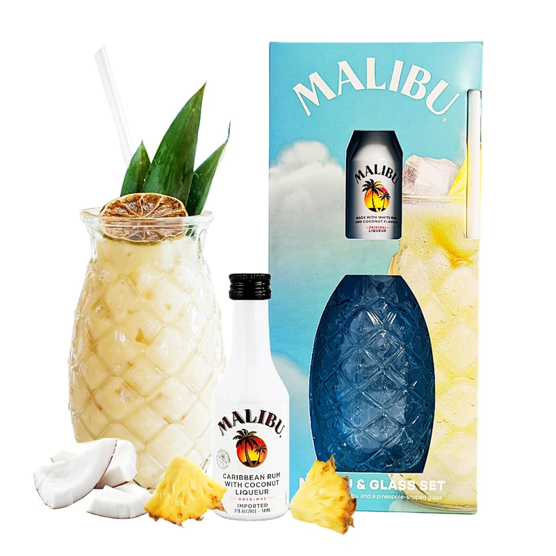 Malibu Gift Set for Women Gifts - Malibu Coconut Rum Pina Colada Miniature Alcohol Bottles 5cl, Pineapple Shape Cocktail Glass & Straw. Christmas Gifts for Women, Stocking Fillers.