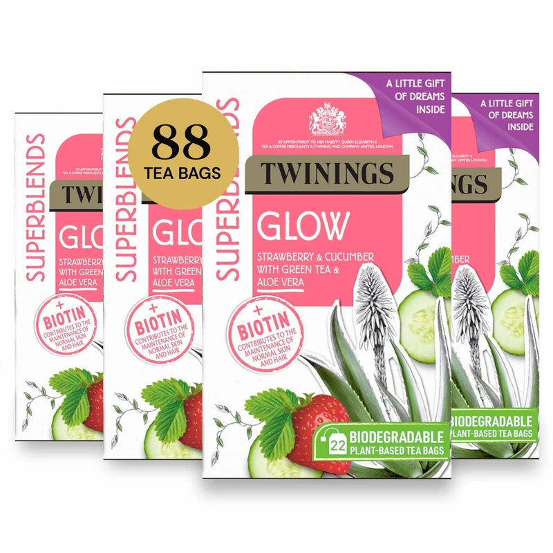 Twinings Superblends Glow Tea - Strawberry & Cucumber Green Tea with Aloe Vera & Biotin for Skincare & Hair Care, 88 Biodegradable Tea Bags (4x22) with 2 Sweet Dream Tea Bags