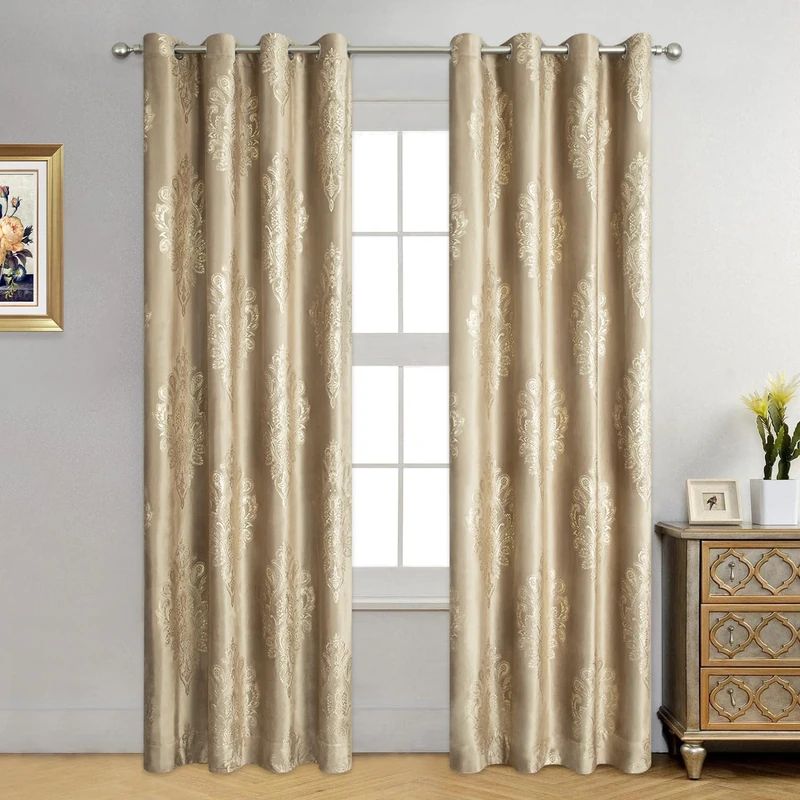 VOGOL Brown Blackout Bedroom Curtains, Luxury European Style Thermal Insulated Velvet Drapes for Living Room, Golden Flower Pattern Room Darkening Curtain, 2 Panels, 52 x 84