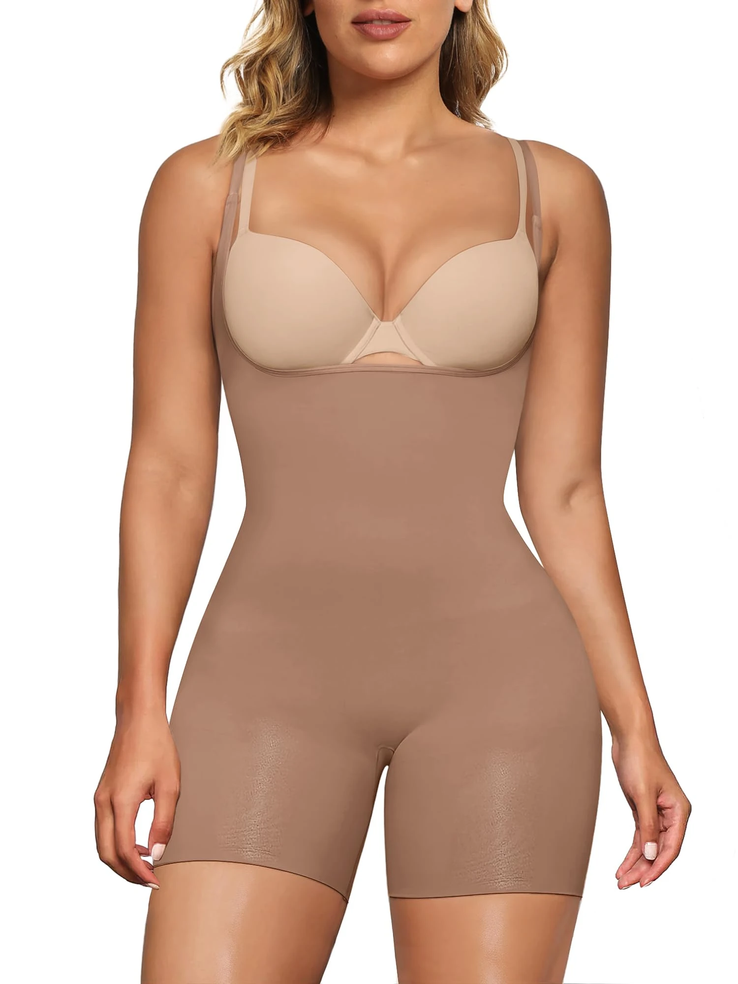 SHAPERX Women's Shaping Bodysuits Open Bust Tummy Control Body Shaper Mid-Thigh Bodysuit Shorts Seamless Shapewear, UK-SZ5258-2-Sienna-L/XL