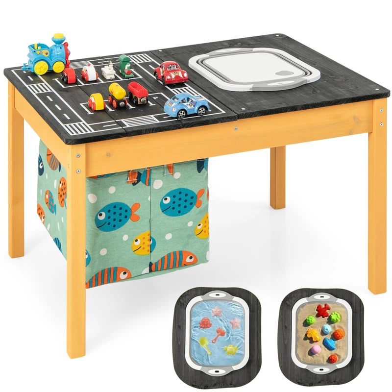 GYMAX 4-in-1 Kids Activity Table, Children Sand and Water Table with Detachable Storage Bag and Foldable Bin, Multifunctional Toddler Play Table for 3-8 Years Old