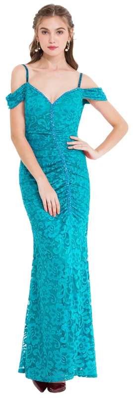 Angel-fashions Women's V Neck Lace Split Dress - Blue Green