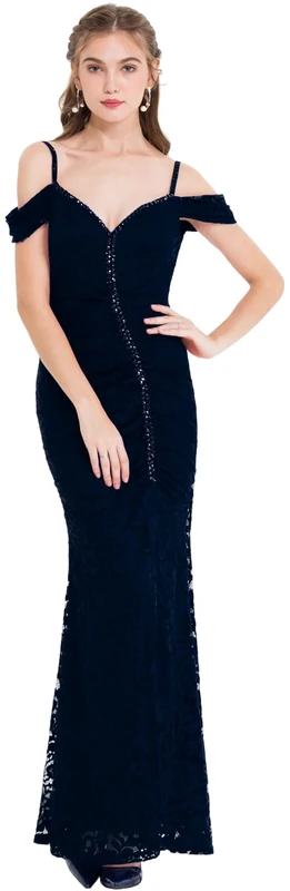 Angel-fashions Women's Blue V Neck Lace Split Beaded Dress - Size 20