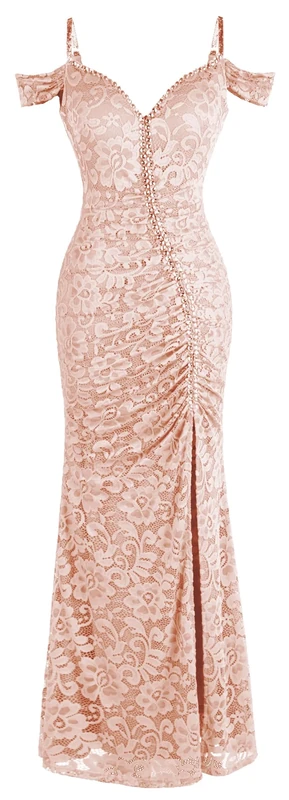 Angel-fashions Pink V Neck Lace Split Sheath Wedding Dress Size 8
