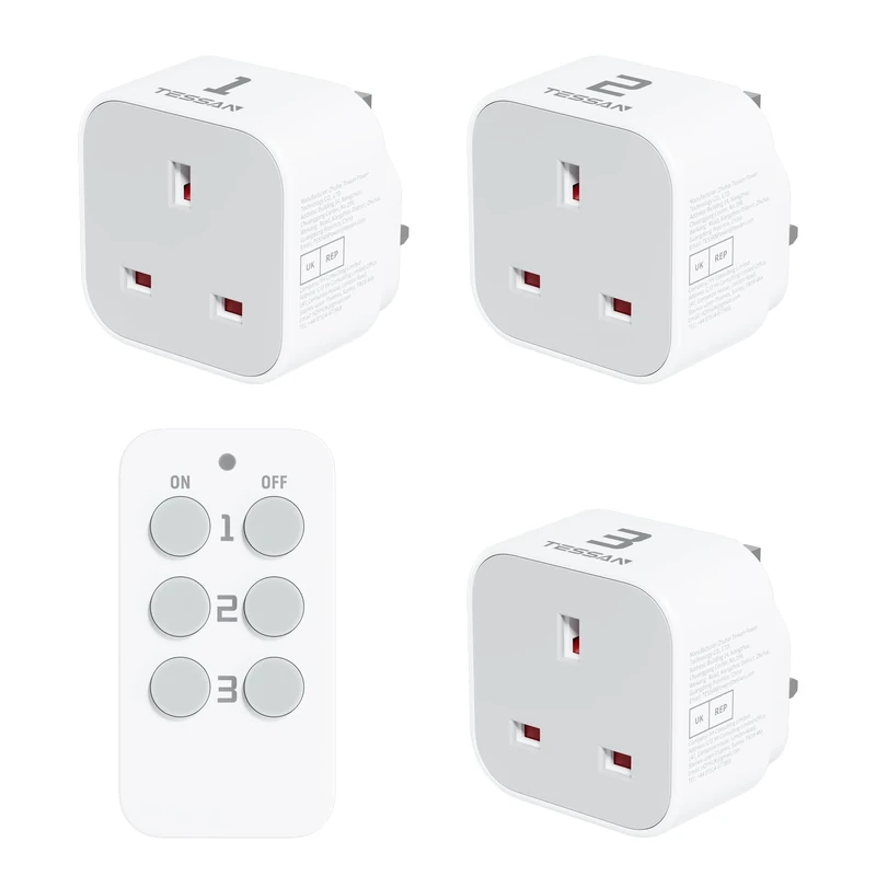 TESSAN Remote Control Plug Socket UK, 30M/100ft Operating Range, Wireless Light Switch for Indoor String Lights, Lamps, 1 Remotes and 3 Sockets