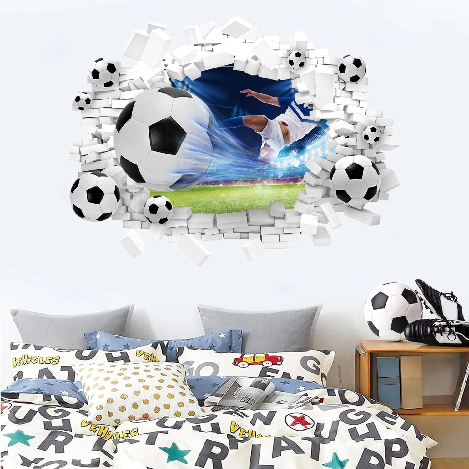 HPUINB Large 3D Football Wall Stickers, Football Bedroom Wall Stickers, Wall Murals for Boys' Bedrooms
