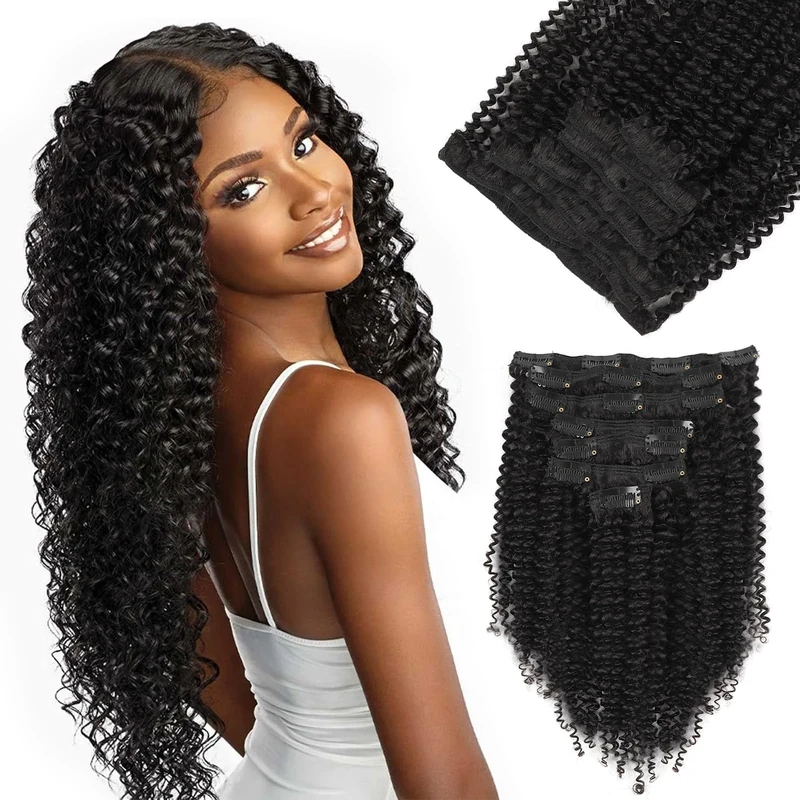 Yuniffe Kinky Curly Clip in Hair Extensions for Black Women Real Human Hair Extensions Clip ins Kinky Curly Natural Black Double Weft Remy Hair Extensions Kinky Clip ins 18 Inch 7Pcs 120g