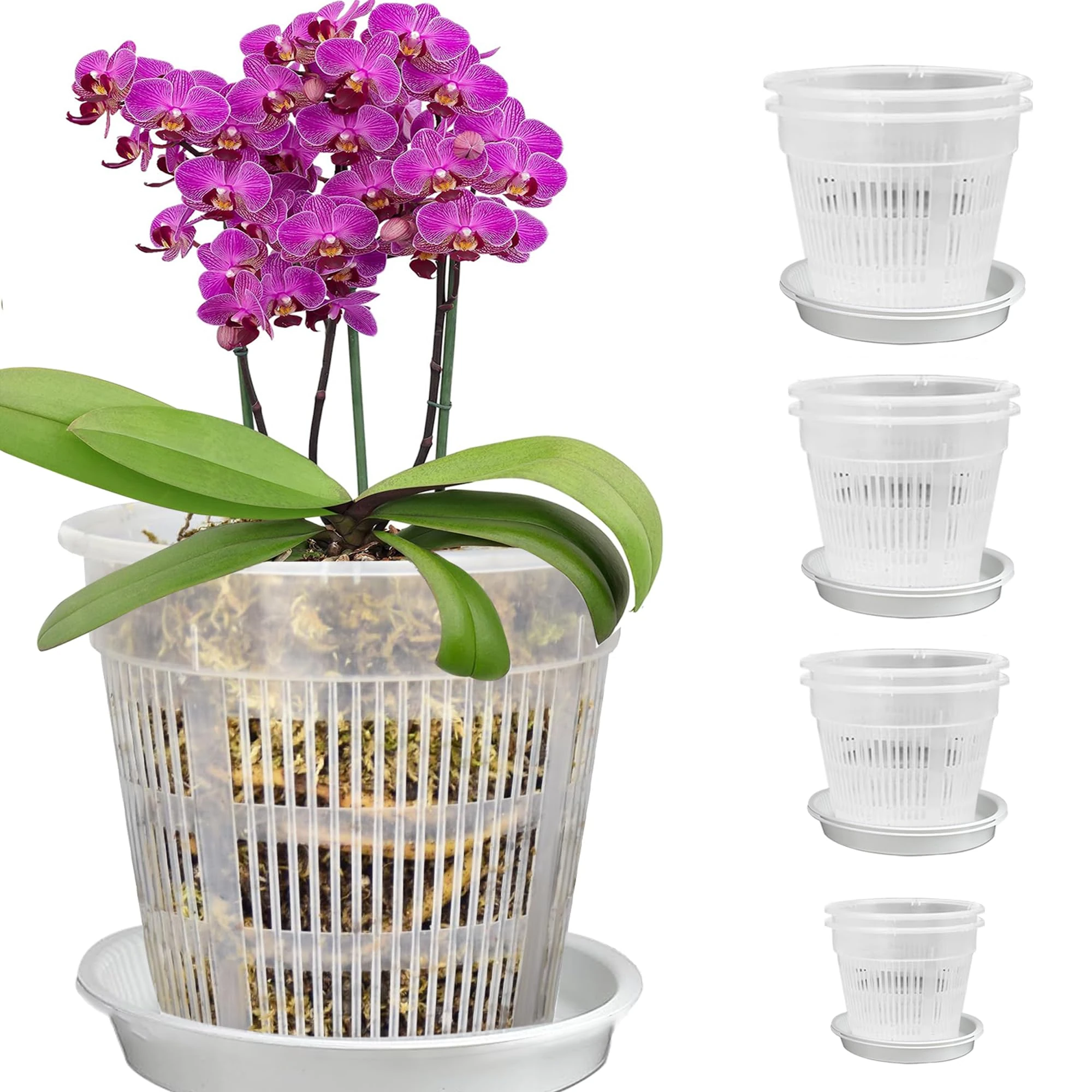8 PCS Clear Plastic Plant Pots with Drainage Holes and Saucers for Orchids - Nursery Container for Root Growth, Seedling, and Indoor Houseplant Gardening