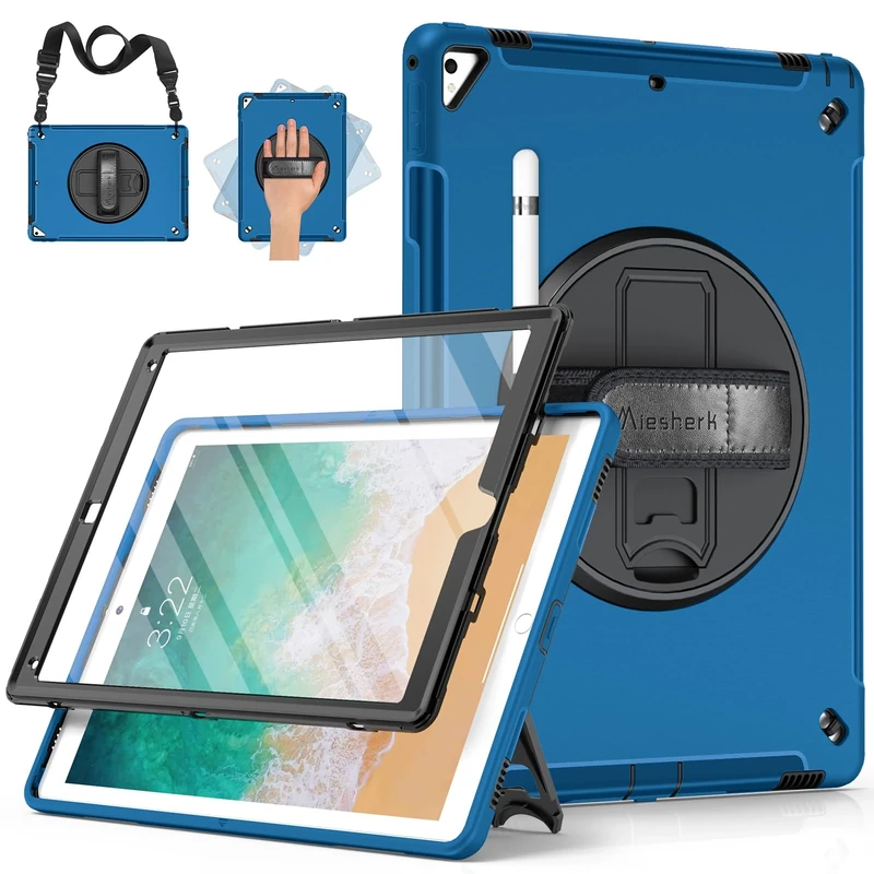Miesherk Case for iPad Pro 12.9 2nd/1st Generation 2017/2015: Military Grade 3-Layer Full Body Protective Cover-Screen Protector-Pen Holder-Rotating Stand-Hand/Shoulder Strap-Blue