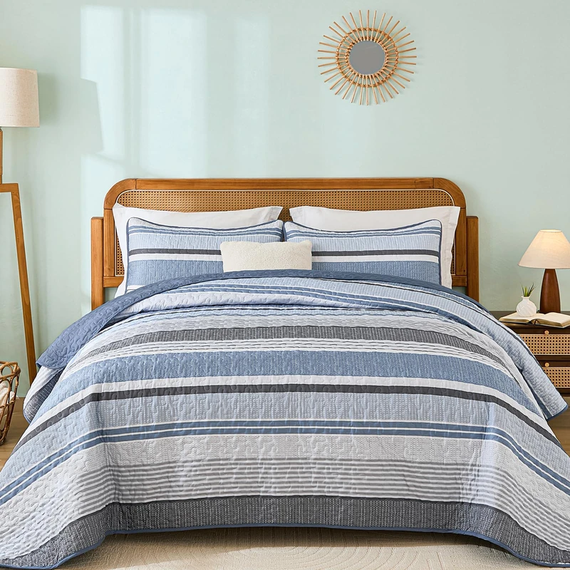 Dintszyayue Quilt Queen Size Blue, 3 Pieces Boho Striped Bedspread Bedding for Queen Size Bed, Soft Lightweight Microfiber Bohemian Coverlet Set for All Season Quilts with 2 Pillowcases