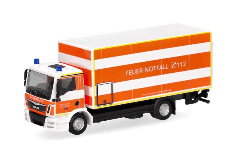 herpa 098076 Model Vehicle Man TGM Suitcase Truck with Taillift, Fire Brigade Düsseldorf, Miniature in Scale 1:87, Collectible, Made in Germany, Model Made of Plastic