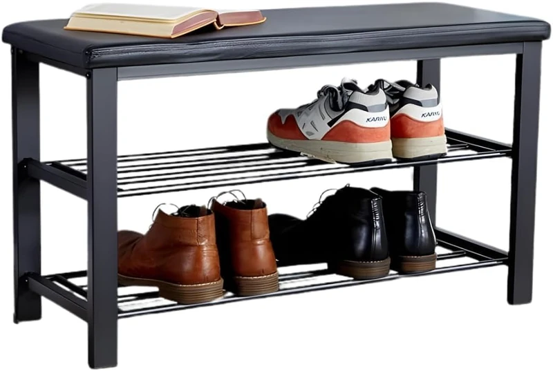 Home Source Shoe Storage Bench, 2 Open Shelves, Black Metal Frame, Bedroom Hallway Entryway Organiser, Shoe Rack Bench with Black PU Leather Padded Seat - Image 1