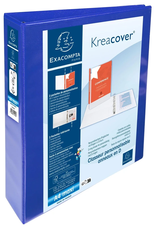 Exacompta - Ref 51943BE - Box of 10 Customizable Binders 2 Pockets - 4 D-Rings of 40 mm - Spine 64 mm - External Dimensions: 32 x 28.5 cm - A4 Maxi File Format - Blue