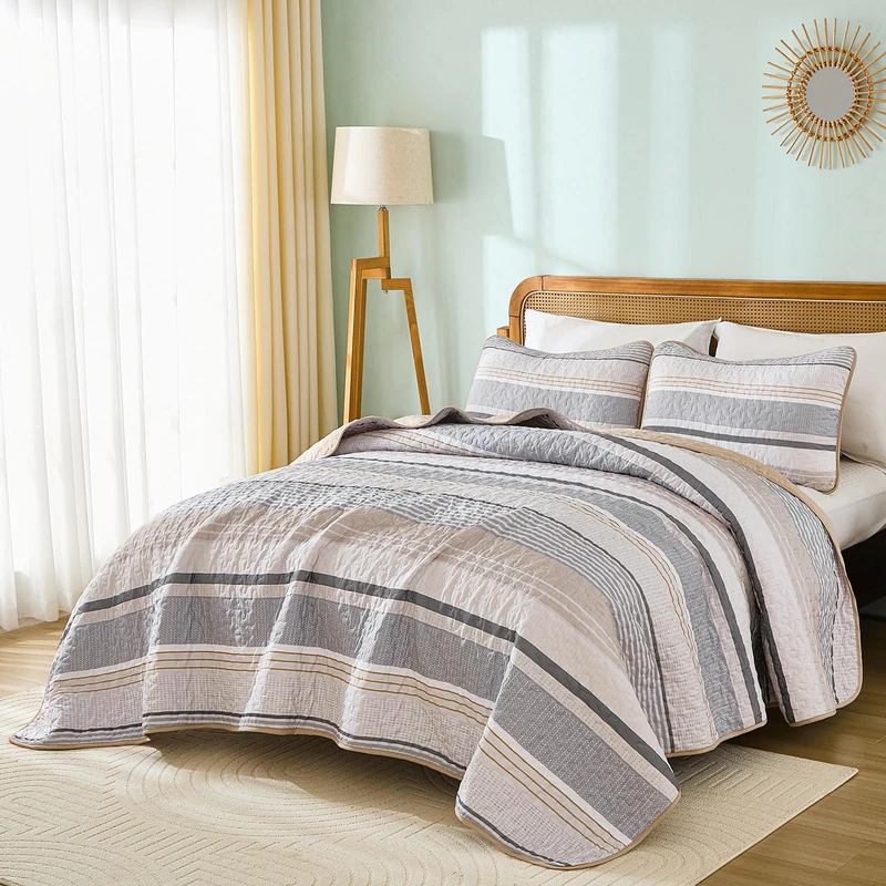 Dintszyayue Quilt Queen Size Brown, 3 Pieces Boho Striped Bedspread Bedding for Queen Size Bed, Soft Lightweight Microfiber Bohemian Coverlet Set for All Season Quilts with 2 Pillowcases