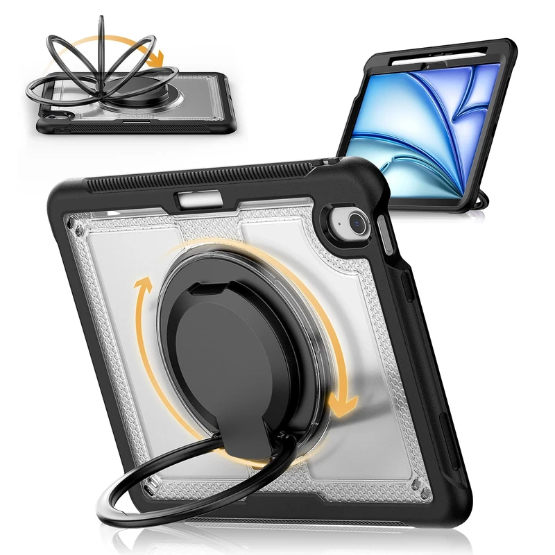 KAIJIAbox Case for iPad Air 11 Inch M3 M2 (2025/2024), iPad Air 7th/6th Generation, Shockproof Cover with Pencil Holder, Screen Protector, Rotating Stand, Hand & Shoulder Straps, Transparent