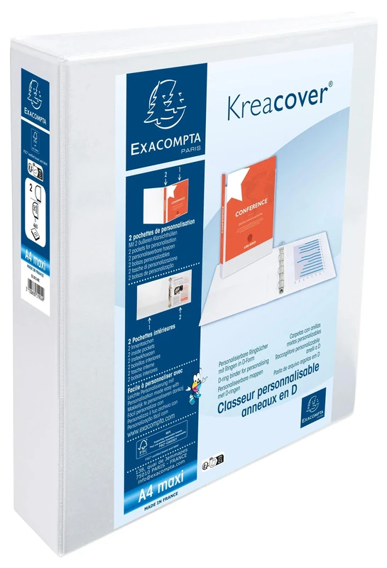 Exacompta - Ref 51924E - Box of 10 Customizable Binders 2 Pockets - 2 x 50mm D Rings - 75mm Spine - External Dimensions: 32 x 29.5 cm - A4 Maxi File Format - White