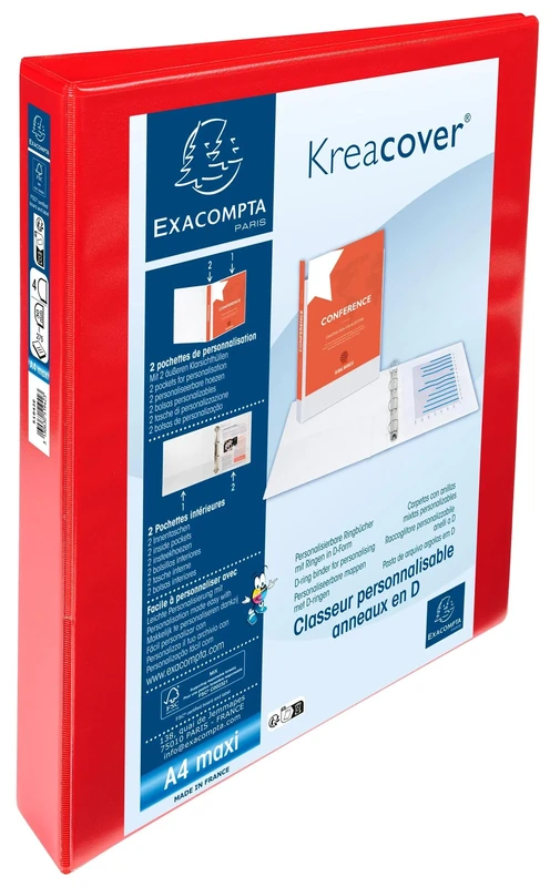 Exacompta - Ref 51942RE - Box of 10 Customisable Binders 2 Pockets - 4 x 30mm D-Rings - Spine 47mm - External Dimensions: 32 x 27.8 cm - for Filing A4 Maxi - Red