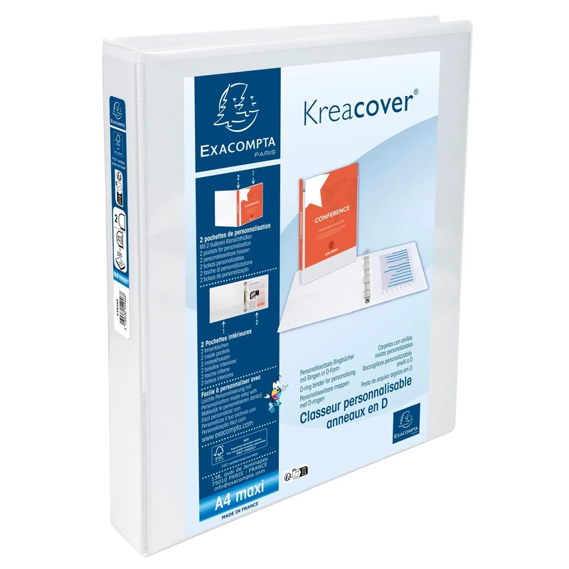 Exacompta - Ref 54946E - Box of 10 Customisable 2 Pocket Binders - 2 x 25mm D Rings - 47mm Spine - External Dimensions: 32 x 27.8 cm - A4 Maxi File Format - White