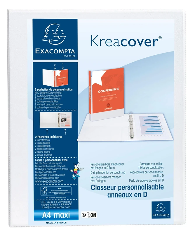 Exacompta - Ref 51922E - Box of 10 Customizable Binders 2 Pockets - 2 x 30mm D Rings - Spine 47mm - External Dimensions: 32 x 27.8 cm - A4 Maxi File Format - White