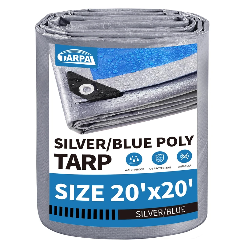 TARPAL Tarp 20x20Ft 7.5mil Multipurpose Waterproof Poly Tarp Silver/Blue