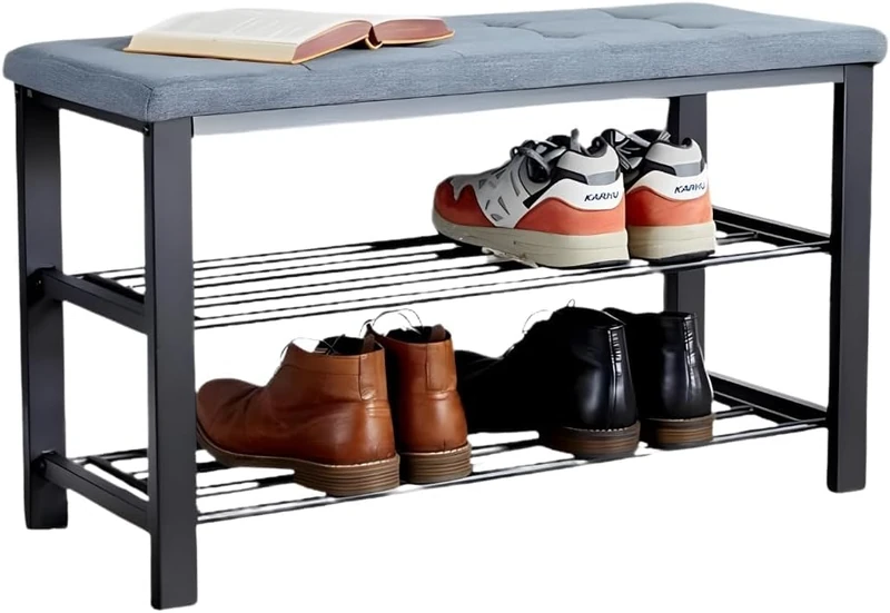 Home Source Shoe Storage Bench, 2 Open Shelves, Black Metal Frame, Bedroom Hallway Entryway Organiser, Shoe Rack Bench with Grey PU Leather Padded Seat