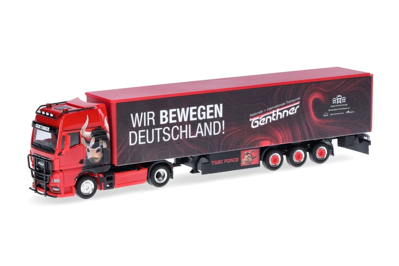 herpa Truck Model Man TGX GX Curtain Tarpaulin Saddle Trailer Genthner/Wir bewegen Deutschland (Baden-Württemberg/Oberderdingen), Miniature in Scale 1:87, Collectible, Made in Germany, Plastic