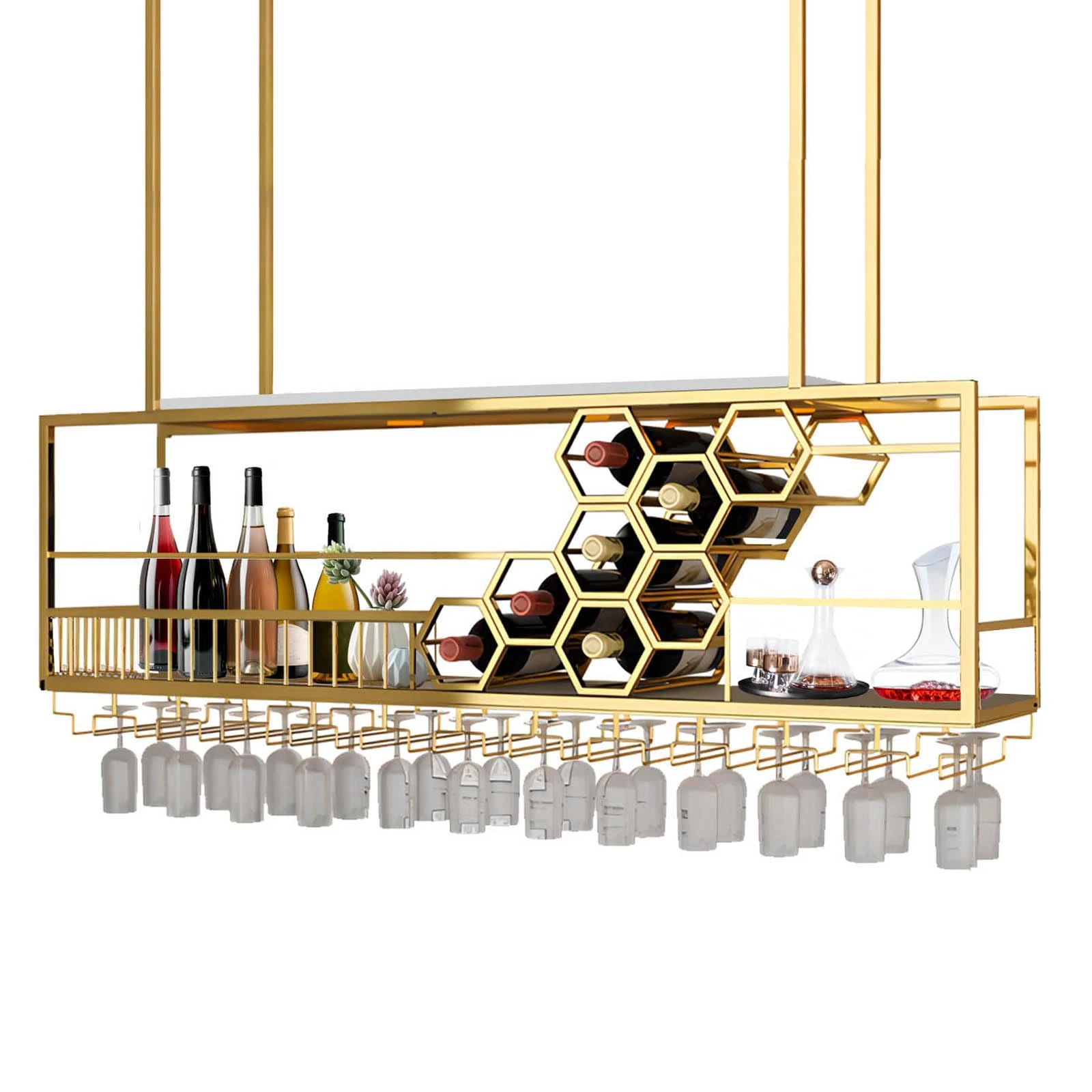 RAJYQODIS Metal Hanging Wine Rack, Ceiling Bar Wine Glass Rack with Glass Holder and Shelf, 2 Layer Multi Functionl Wine Bottle Holder Organizer, for Bar Cafe Kitchen (gold, 120cm)
