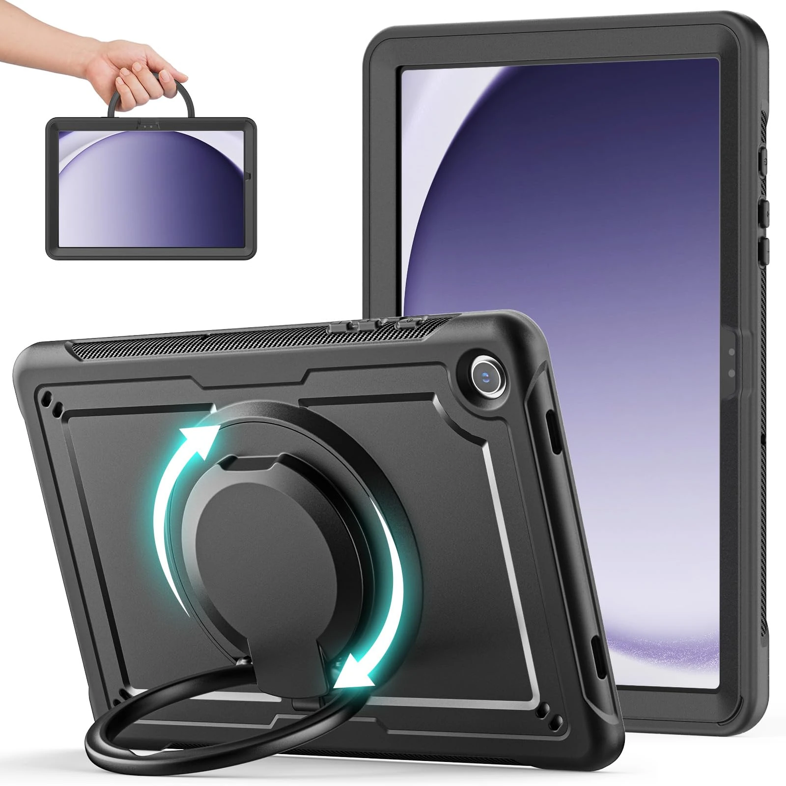 KAIJIAbox Case for Samsung Galaxy Tab A9 Plus / A9+ 11 Inch 2023, Lightweight Shockproof Drop-Proof Case with 360°Rotating Handle Stand, Adjustable Shoulder Strap& Pencil Holder (Black)