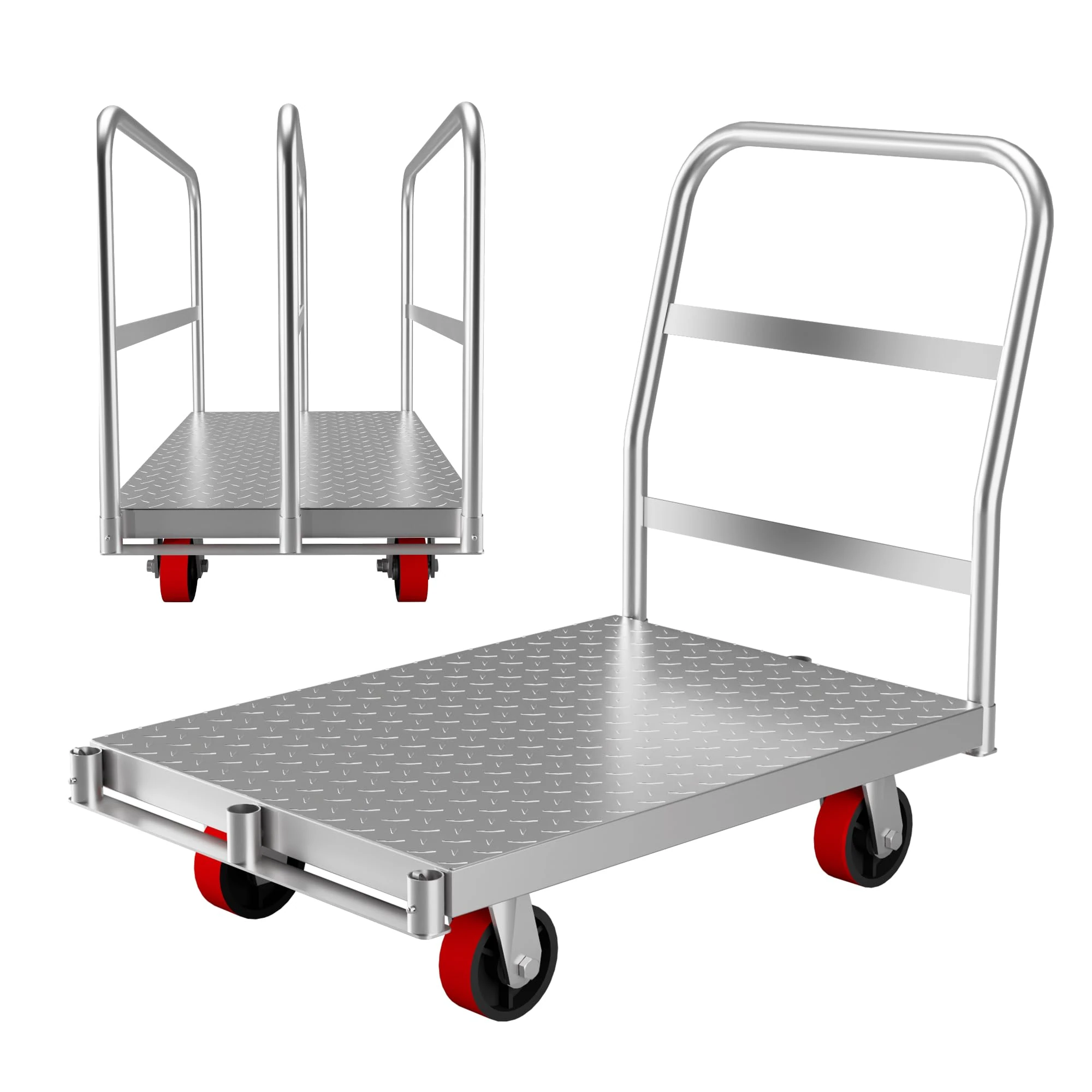2-in-1 Heavy Duty Panel Truck Cart, 36" x 24" All Steel Platform Truck with 1Front & 2 Side Handrails, 2200 Lbs Cart with 4 Rubber Swivel Casters for Loading and Storage, 6 Holes