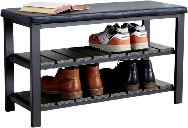 Home Source Shoe Storage Bench, 2 Open Wooden Slatted Shelves, Black Metal Frame, Bedroom Hallway Entryway Organiser, Shoe Rack Bench Black PU Leather Padded Seat