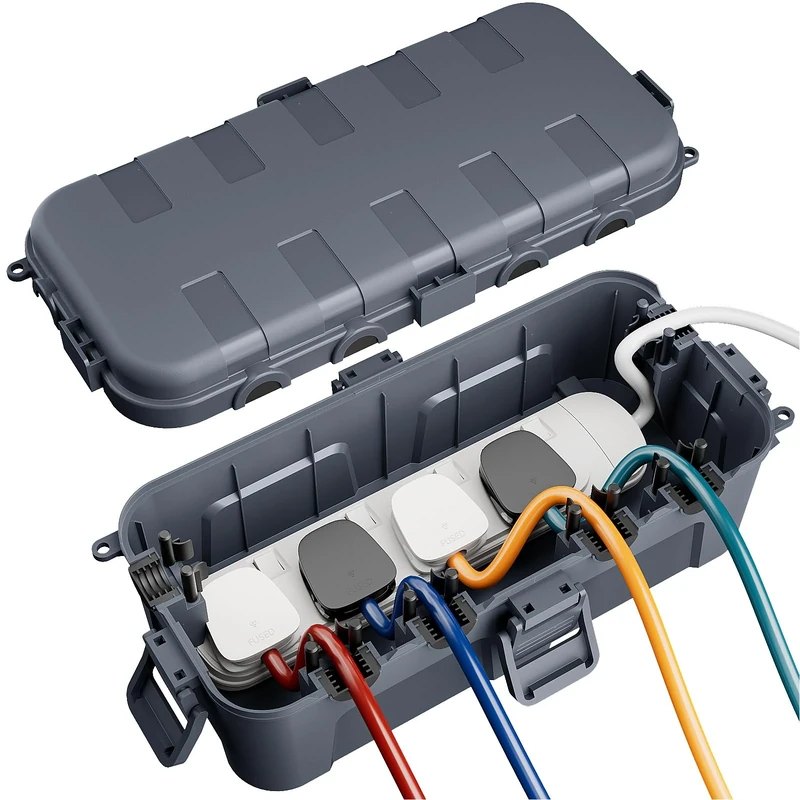 RESTMO Outdoor Waterproof Box (29 × 13.2 × 10cm), IP54 Weatherproof Electrical Box for Multi Plug Extension Lead, Protect Outlet, Plug, Christmas String Lights from Water, Snow, Dust, Gray