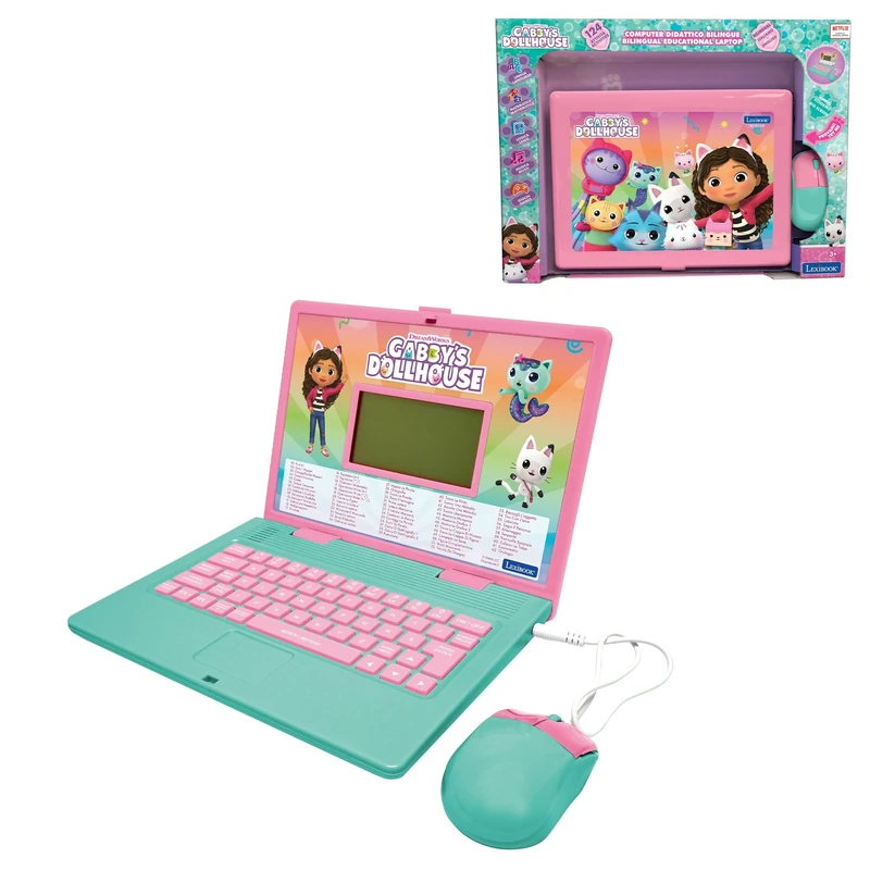 LEXIBOOK, Gabby's Dollhouse, Bilingual ENGLISH/ITALIAN Educational computer, Toy for children with 124 language, writing, maths, logic, music activities and games, Pink/blue, JC598GDHi5