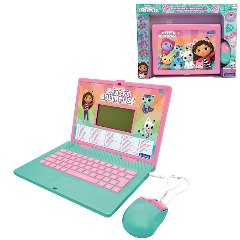 LEXIBOOK, Gabby's Dollhouse, Bilingual ENGLISH/SPANISH Educational computer, Toy for children with 124 language, writing, maths, logic, music activities and games, Pink/blue, JC598GDHi2