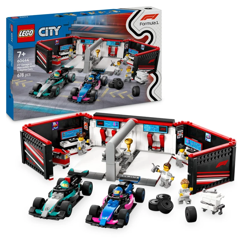 LEGO City F1 Garage & Mercedes-AMG & Alpine Cars - Toy Formula 1 Racing Vehicles Set with 2 Drivers & 4 Mechanic Minifigures - Gifts for 7+ Year Old Boys & Girls or Adult Fans - 60444