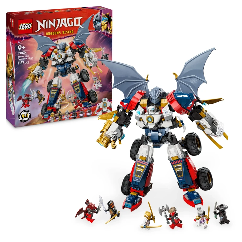 LEGO NINJAGO 4in1 Zane’s Ultra Combiner Mech Toy - Rebuilds into a Jet, Car Model, Dragon & Ninja Figure - Incl. 6 Minifigures for Role Play - Building Set for 9+ Year Old Boys & Girls - 71834