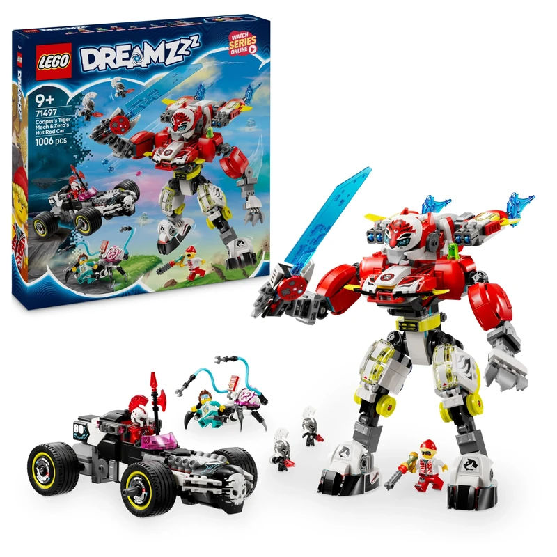 LEGO DREAMZzz 2in1 Cooper’s Tiger Mech & Zero’s Hot Rod Car Toy for 9 Plus Year Old Boys and Girls, Set with Mech Robot, Z-Blob and 3 Minifigures, Birthday Gift Idea 71497