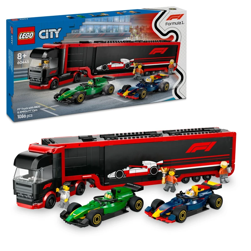 LEGO City F1 Truck with RB20 & AMR24 F1 Cars - Car Transporter Toy for RB & Aston Martin Formula 1 Teams - Incl. 2 Drivers & Race Simulator - Gifts for 8+ Year Old Boys & Girls - 60445