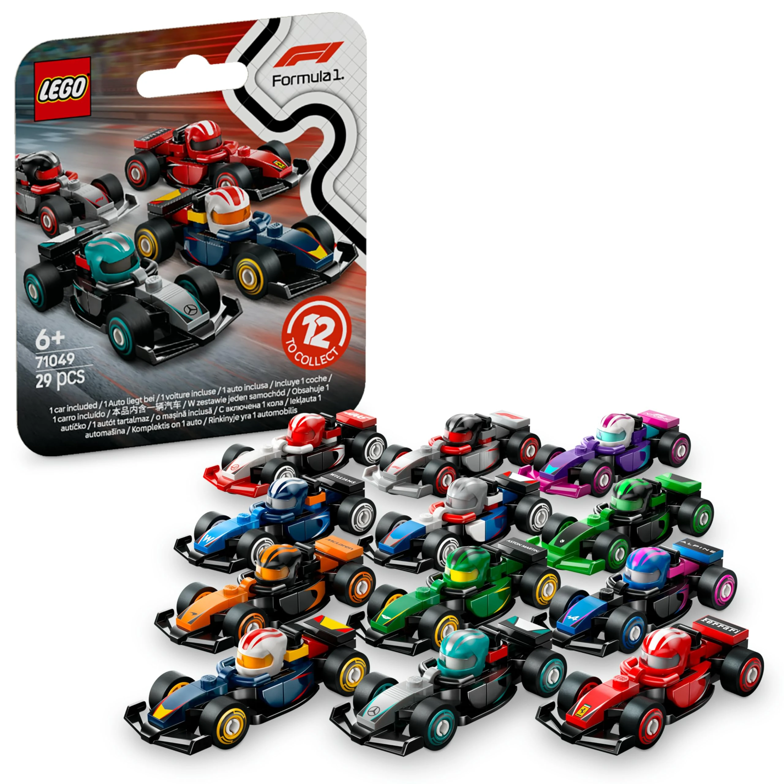 LEGO F1 Collectible Race Cars Toys - Get 1 of 12 Mini Car Models with Drivers Helmets & Moving Wheels - Formula 1 Teams incl. Ferrari, Mercedes, McLaren, Red Bull - Mystery Box - 71049