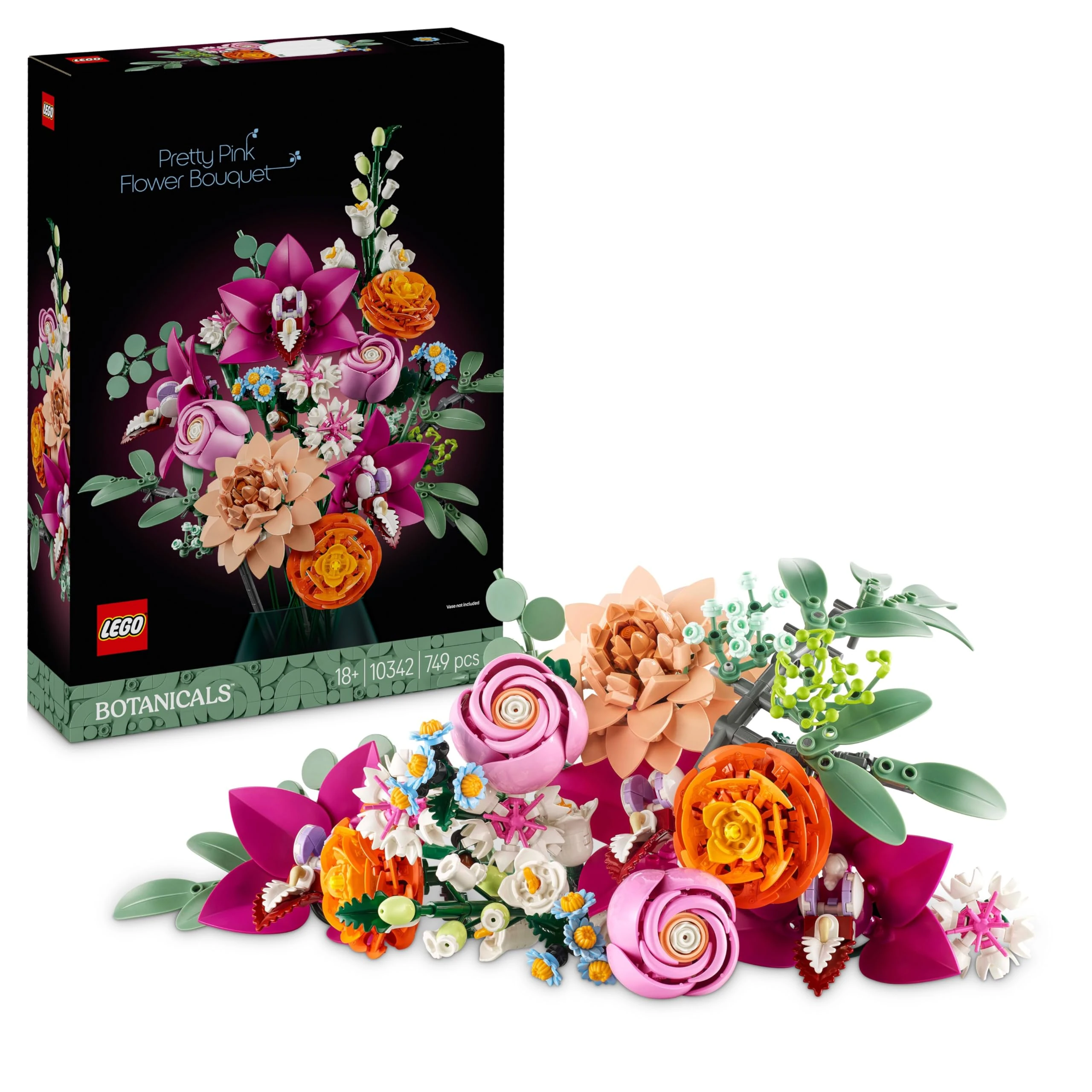 LEGO Botanicals Pretty Pink Flower Bouquet Set for Adults - Floral Home Decor Building Kit with Artificial Roses, Daisies, Cornflowers and Elderflowers - Nature Gifts for Women and Men - 10342