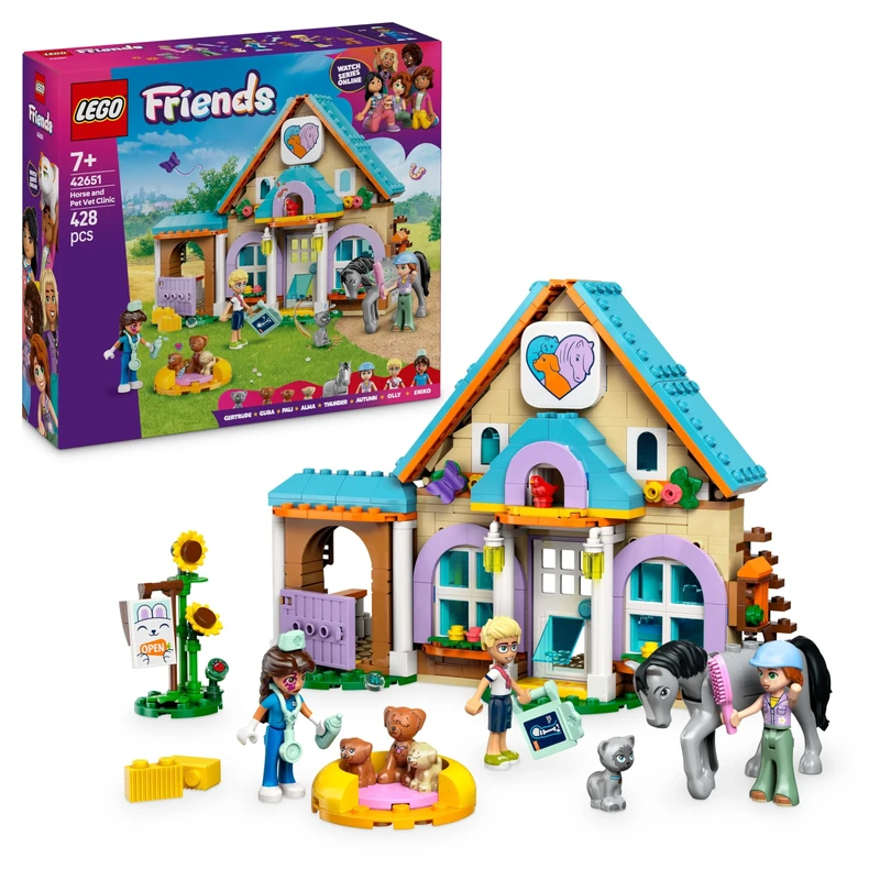 LEGO Friends Horse and Pet Vet Clinic Toy - incl. a Horse, Cat & 3 Dog Animal Figures, plus 3 Mini Dolls, a Stable and Accessories - Birthday Gift for 7+ Year Old Girls - 42651