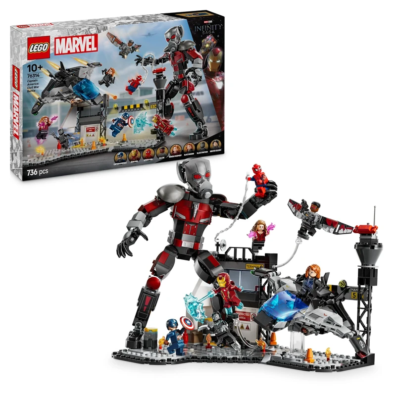 LEGO Marvel Captain America: Civil War Action Battle - Super Heroes Building Toy with 8 Minifigures incl. Iron Man, Spider-Man & Black Panther - Gift for 10+ Year Old Boys, Girls and Fans 76314