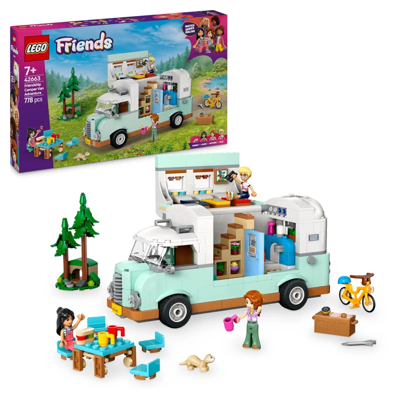 LEGO Friends Friendship Camper Van Adventure Set, Vehicle Building Toy with 3 Character Mini Dolls and Ferret Animal Figure for Fun Role Play, Birthday Gift for 7 Plus Year Old Girls 42663