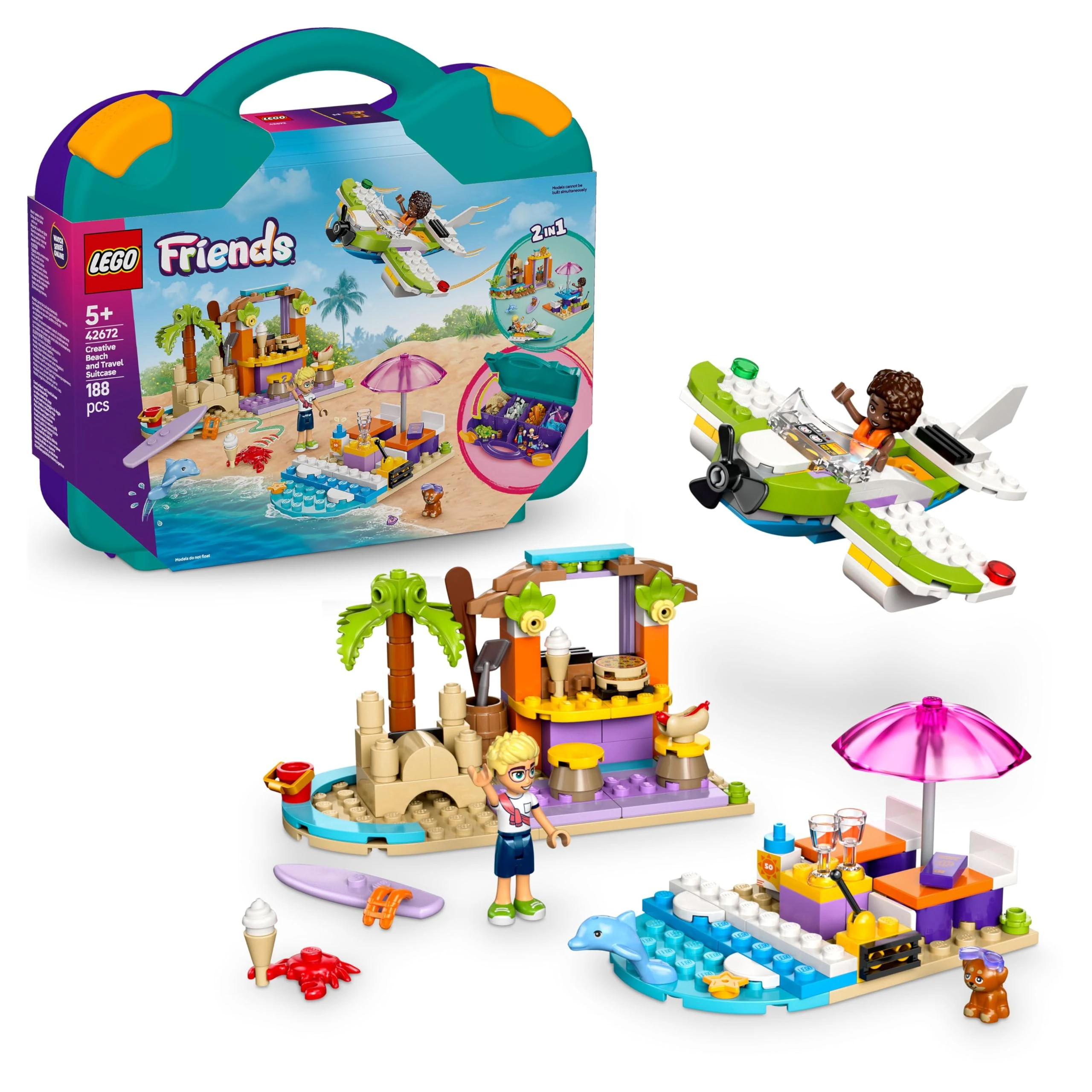 LEGO Friends 2in1 Creative Beach and Travel Suitcase Set for Kids, with a Plane Toy, 2 Mini Dolls, Dog & Dolphin Figures, Birthday Gift for 5 Plus Year Old Girls, Comes in a Handy Sorting Box 42672
